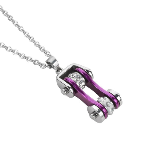 Women's Bike Chain Silver Candy Purple Crystal Bling Necklace 19" Stainless Steel Motorcycle Jewelry