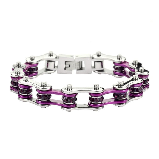 1/2" Wide Two Tone Silver Candy Purple with Purple Stones Stainless Steel Motorcycle Bike Chain Bracelet