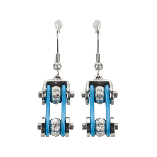 Two Tone Silver Turquoise Crystal Centers Bike Chain Earrings Stainless Steel Motorcycle Biker Jewelry