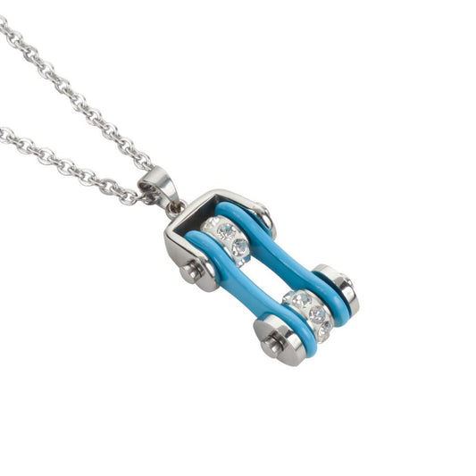 Women's Bike Chain Silver Turquoise Crystal Bling Necklace 19" Stainless Steel Motorcycle Jewelry