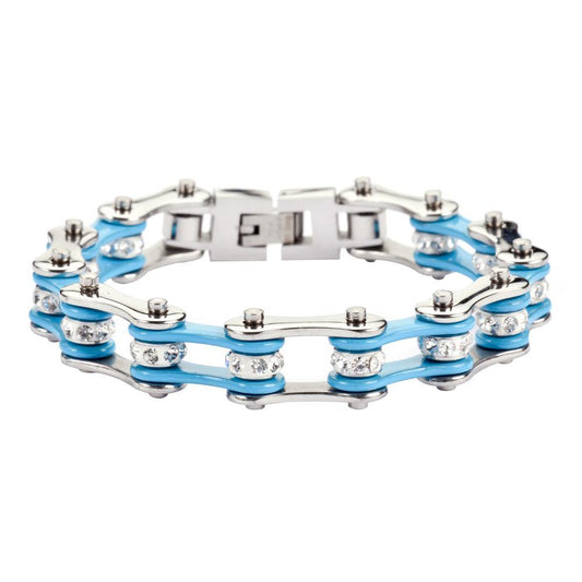 1/2" Wide Two Tone Silver Turquoise with White Crystal Centers Stainless Steel Motorcycle Bike Chain Bracelet