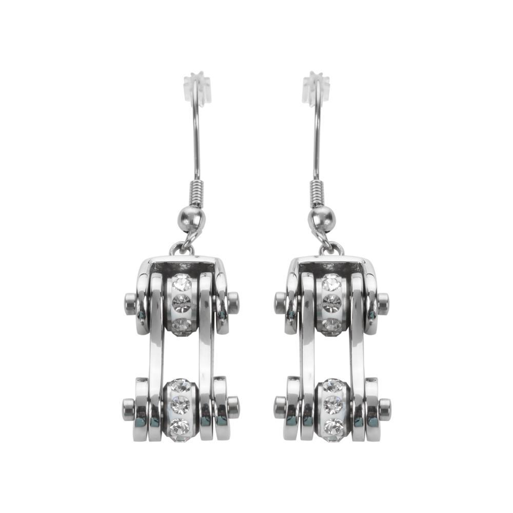 All Stainless Crystal Centers Bike Chain Earrings Stainless Steel Motorcycle Biker Jewelry