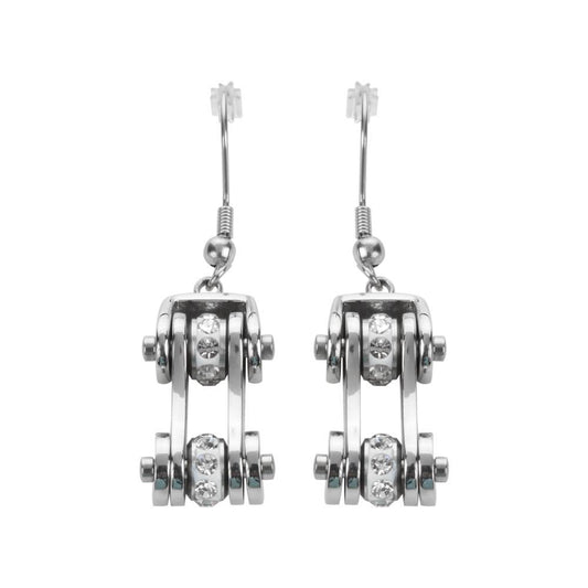 All Stainless Crystal Centers Bike Chain Earrings Stainless Steel Motorcycle Biker Jewelry
