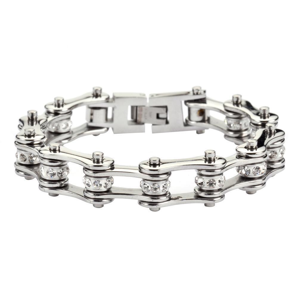 1/2" Wide All Stainless with White Crystal Centers Stainless Steel Motorcycle Bike Chain Bracelet