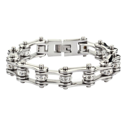 1/2" Wide All Stainless with White Crystal Centers Stainless Steel Motorcycle Bike Chain Bracelet