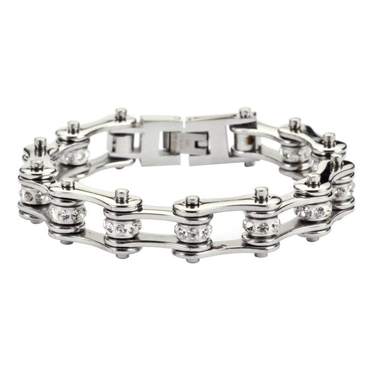 1/2" Wide All Stainless with White Crystal Centers Stainless Steel Motorcycle Bike Chain Bracelet