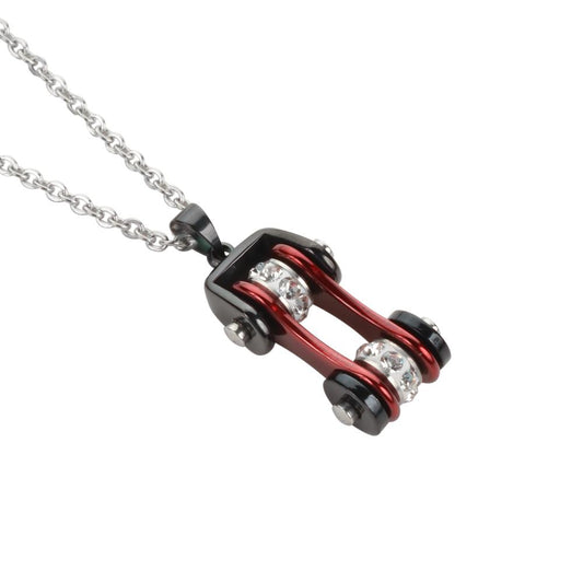 Women's Bike Chain Black Candy Red Crystal Bling Necklace 19" Stainless Steel Motorcycle Jewelry