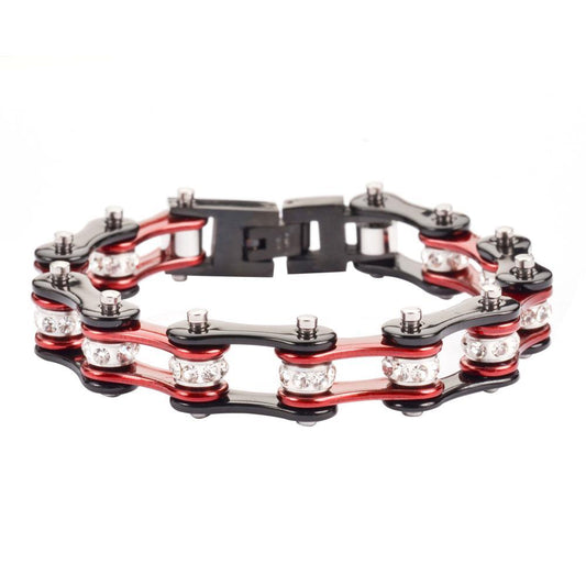 1/2" Wide Two Tone Black Candy Red with White Crystal Centers Stainless Steel Motorcycle Bike Chain Bracelet