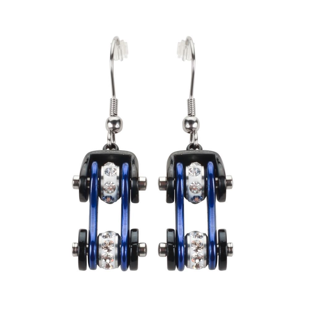 Two Tone Black Blue Crystal Centers Bike Chain Earrings Stainless Steel Motorcycle Biker Jewelry