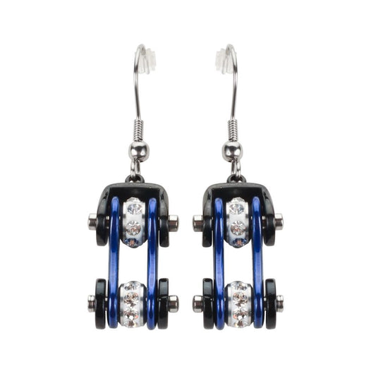 Two Tone Black Blue Crystal Centers Bike Chain Earrings Stainless Steel Motorcycle Biker Jewelry