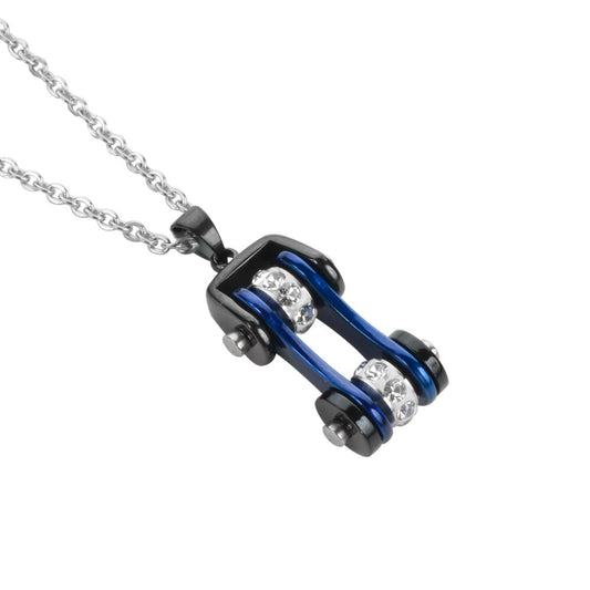 Women's Bike Chain Black Candy Blue Crystal Bling Necklace 19" Stainless Steel Motorcycle Jewelry