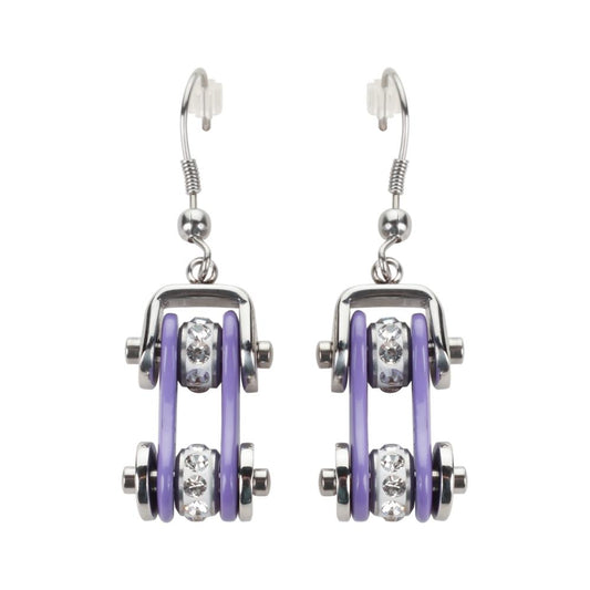 Two Tone Silver Violet Crystal Centers Bike Chain Earrings Stainless Steel Motorcycle Biker Jewelry