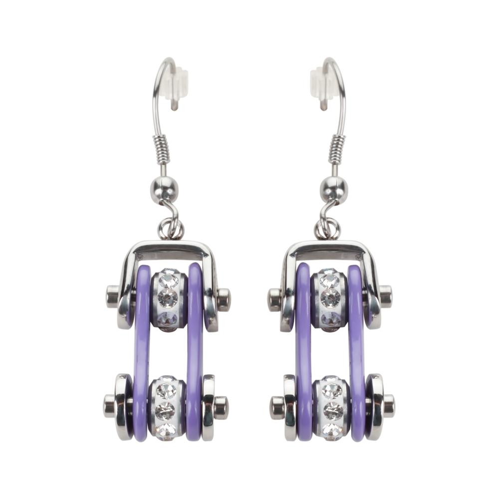 Two Tone Silver Violet Crystal Centers Bike Chain Earrings Stainless Steel Motorcycle Biker Jewelry