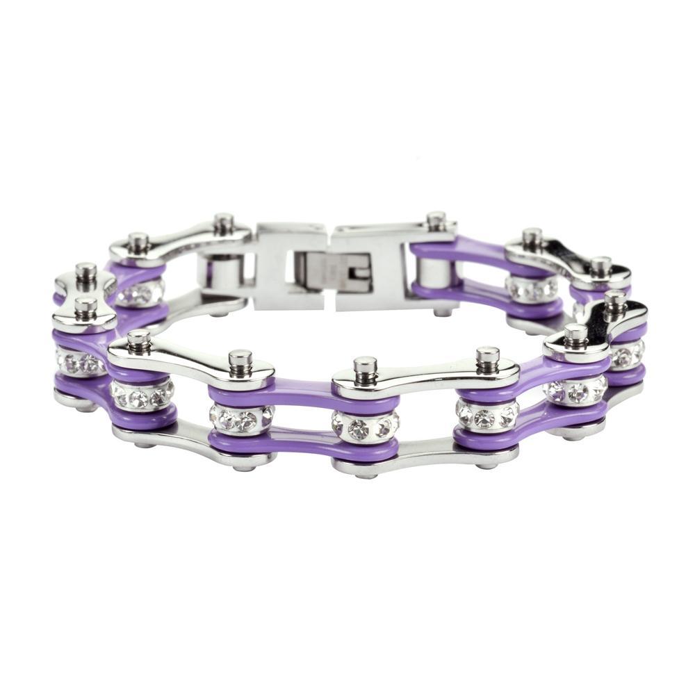 1/2" Wide Two Tone Silver Violet with White Crystal Centers Stainless Steel Motorcycle Bike Chain Bracelet