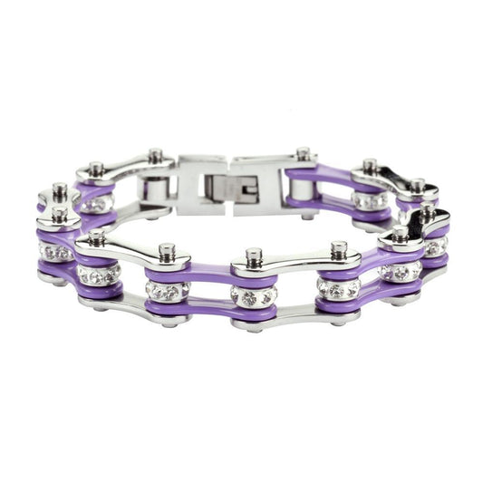1/2" Wide Two Tone Silver Violet with White Crystal Centers Stainless Steel Motorcycle Bike Chain Bracelet
