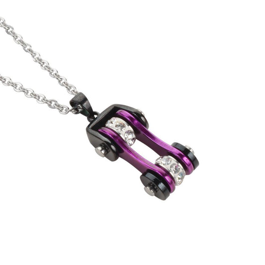 Women's Bike Chain Black Candy Purple Crystal Bling Necklace 19" Stainless Steel Motorcycle Jewelry