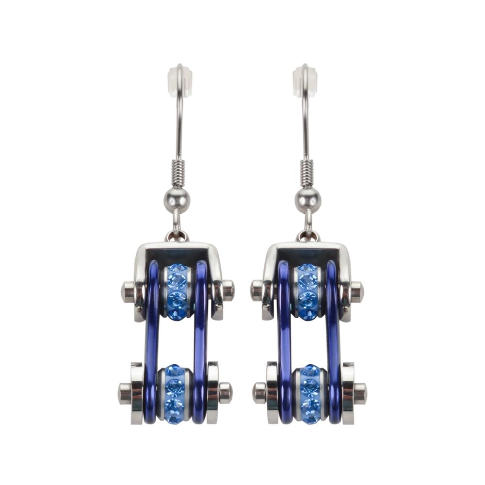 Two Tone Silver Blue with Blue Crystal Centers Bike Chain Earrings Stainless Steel Motorcycle Biker Jewelry