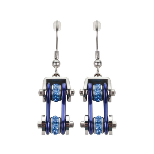 Two Tone Silver Blue with Blue Crystal Centers Bike Chain Earrings Stainless Steel Motorcycle Biker Jewelry