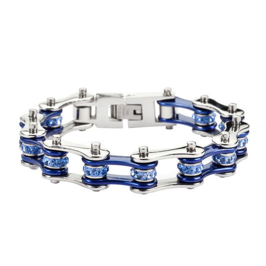 1/2" Wide Two Tone Silver Candy Blue with Blue Crystal Centers Stainless Steel Motorcycle Bike Chain Bracelet