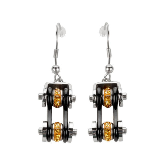 Two Tone Silver Black Orange Crystals Centers Bike Chain Earrings Stainless Steel Motorcycle Biker Jewelry