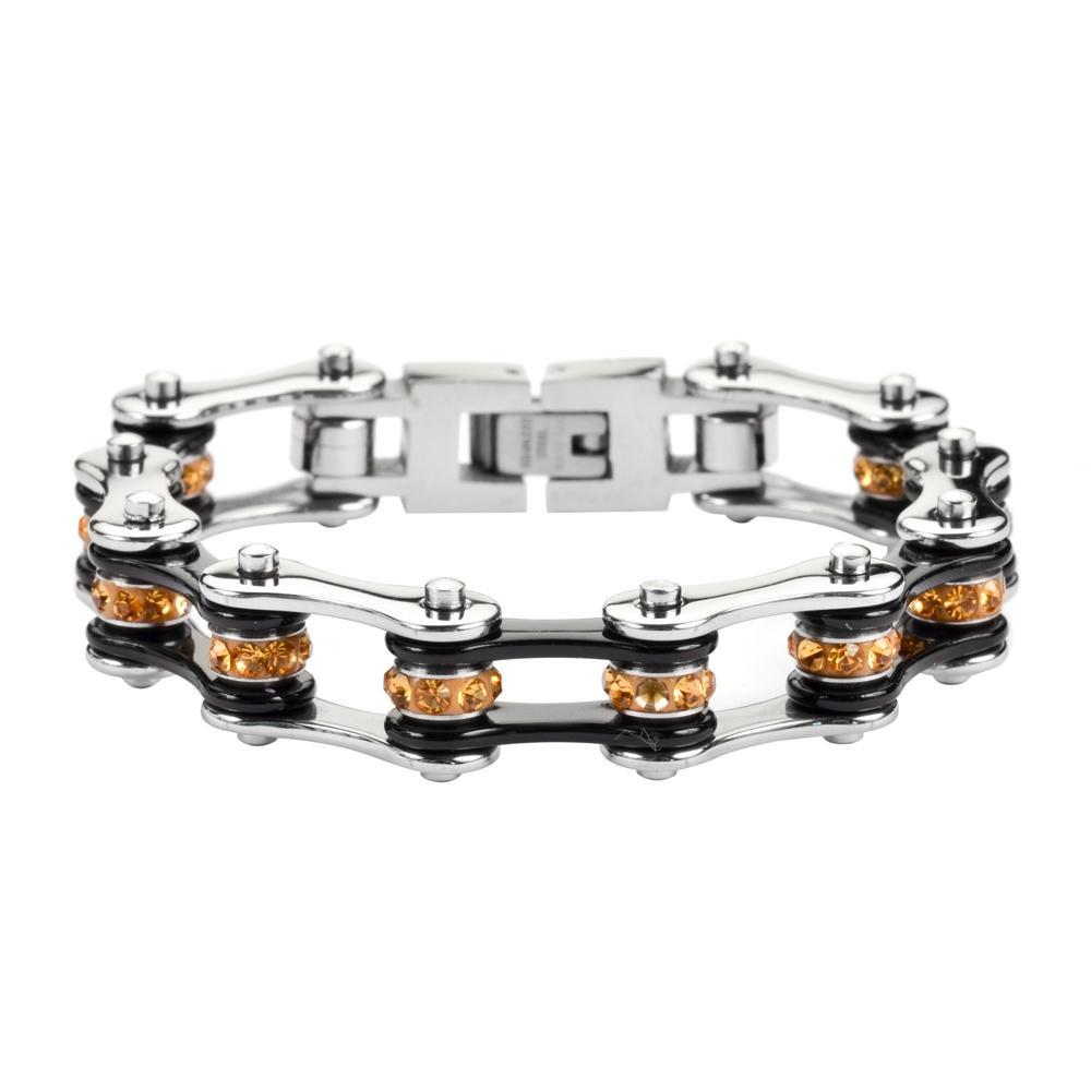 1/2" Wide Two Tone Silver Black with Orange Crystal Centers Stainless Steel Motorcycle Bike Chain Bracelet