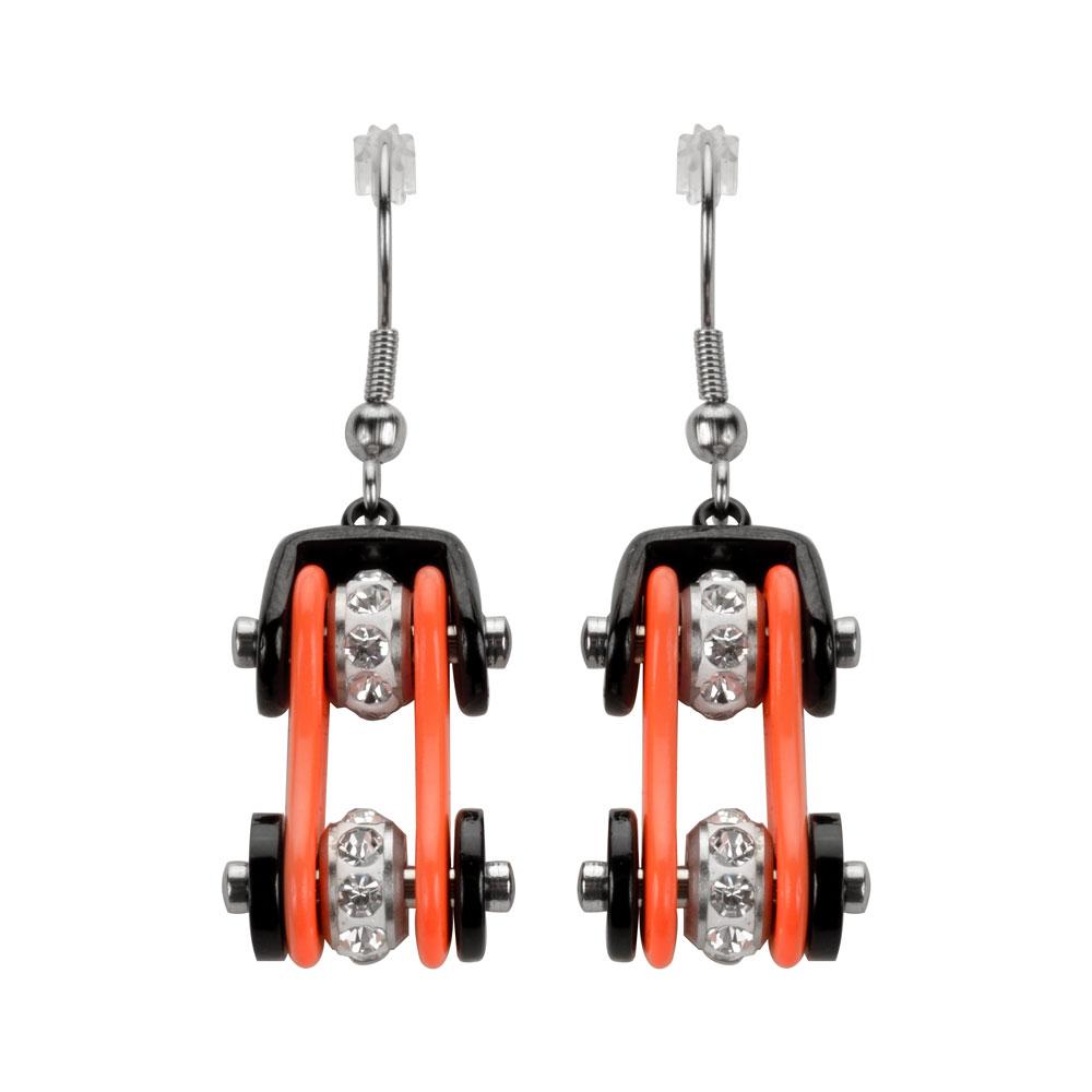 Two Tone Black Orange Crystal Centers Bike Chain Earrings Stainless Steel Motorcycle Biker Jewelry