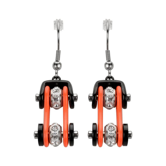 Two Tone Black Orange Crystal Centers Bike Chain Earrings Stainless Steel Motorcycle Biker Jewelry