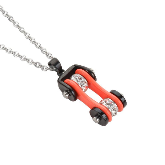 Women's Bike Chain Black  Orange Crystal Bling Necklace 19" Stainless Steel Motorcycle Jewelry