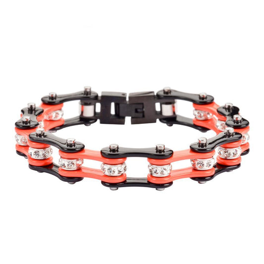 1/2" Wide Two Tone Orange Black with White Crystal Centers Stainless Steel Motorcycle Bike Chain Bracelet