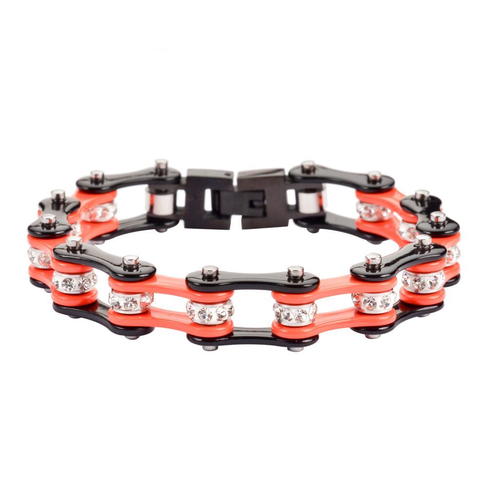 1/2" Wide Two Tone Orange Black with White Crystal Centers Stainless Steel Motorcycle Bike Chain Bracelet