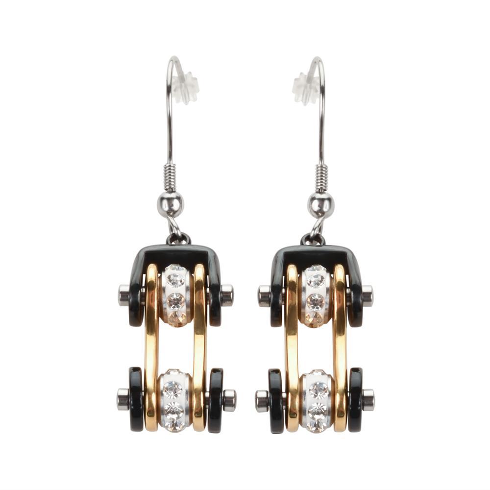 Two Tone Black Gold Crystal Centers Bike Chain Earrings Stainless Steel Motorcycle Biker Jewelry