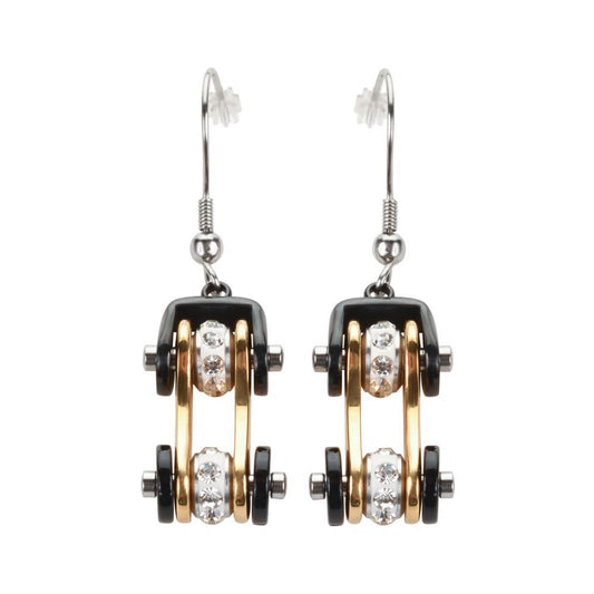 Two Tone Black Gold Crystal Centers Bike Chain Earrings Stainless Steel Motorcycle Biker Jewelry