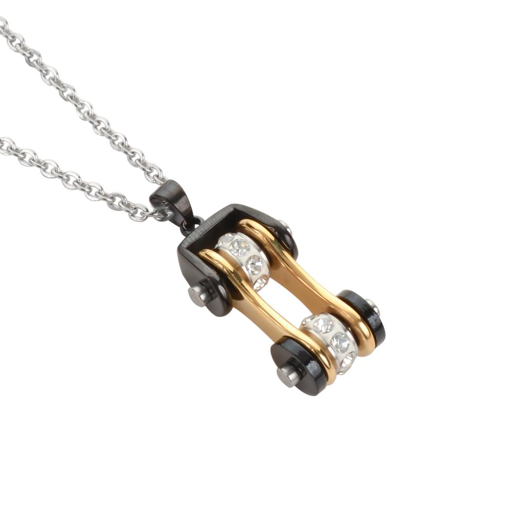 Women's Bike Chain Black Gold Crystal Bling Necklace 19" Stainless Steel Motorcycle Jewelry