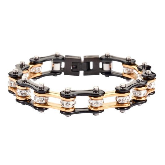 1/2" Wide Two Tone Gold Black with White Crystal Centers Stainless Steel Motorcycle Bike Chain Bracelet