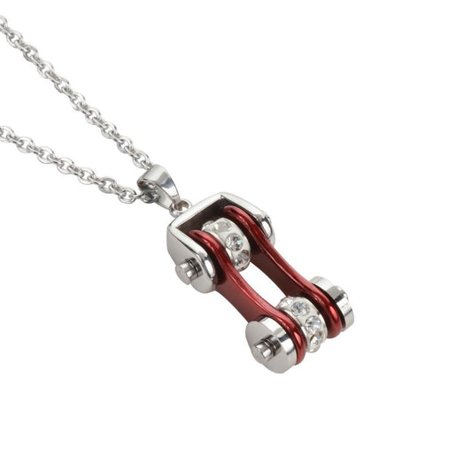 Women's Bike Chain Pendant Silver Candy Red Crystal Bling Necklace 19" Stainless Steel Motorcycle Jewelry