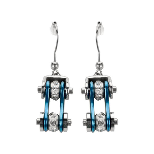 Two Tone Silver Blue Crystal Centers Bike Chain Earrings Stainless Steel Motorcycle Biker Jewelry
