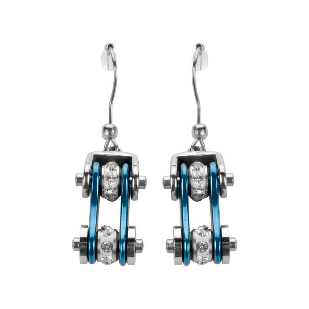 Two Tone Silver Blue Crystal Centers Bike Chain Earrings Stainless Steel Motorcycle Biker Jewelry