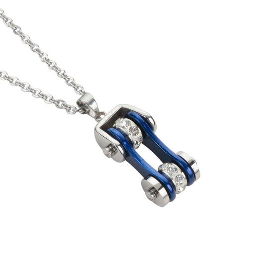 Women's Bike Chain Silver Candy Blue Crystal Bling Necklace 19" Stainless Steel Motorcycle Jewelry