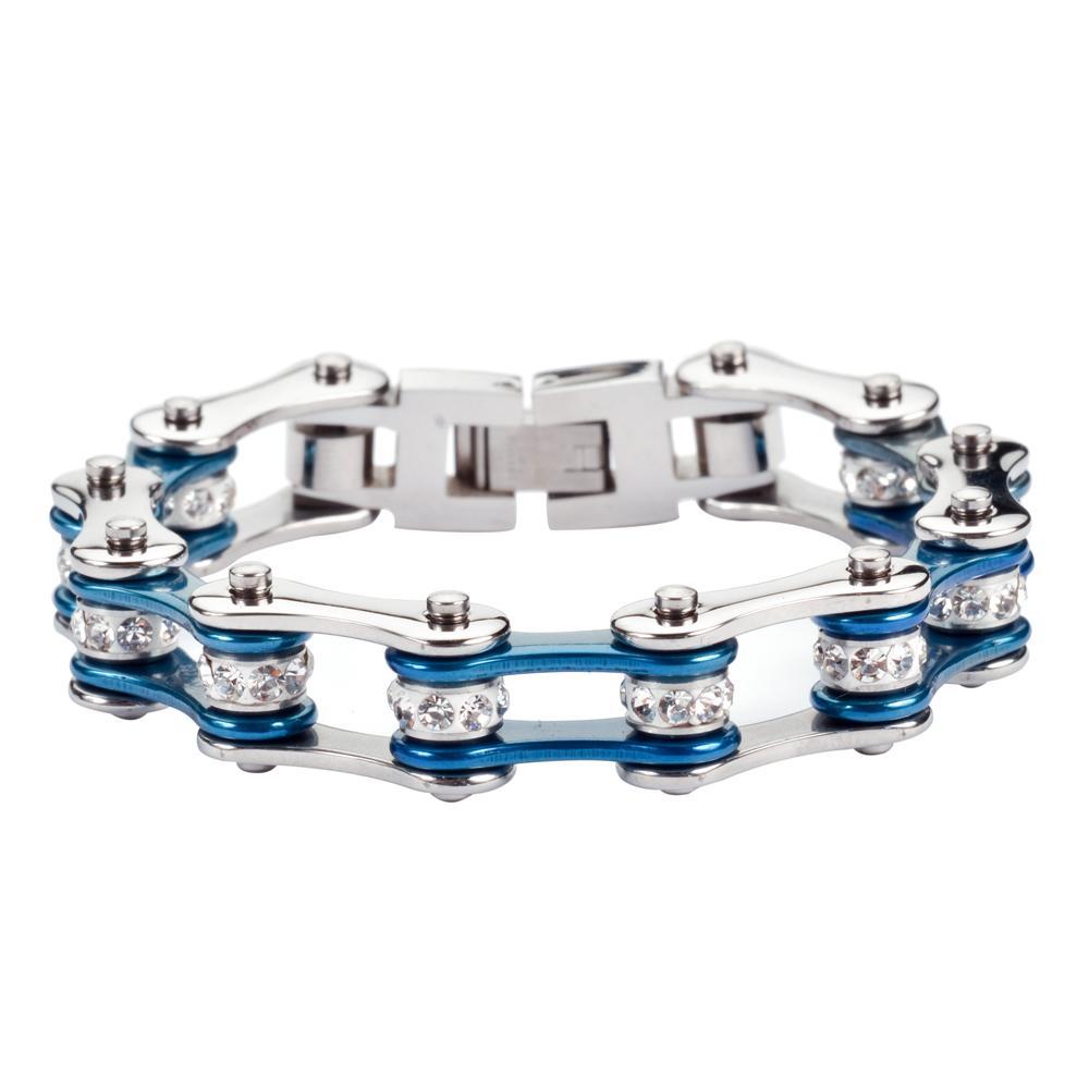 1/2" Wide Two Tone Silver Candy Blue White Crystal Centers Stainless Steel Motorcycle Bike Chain Bracelet