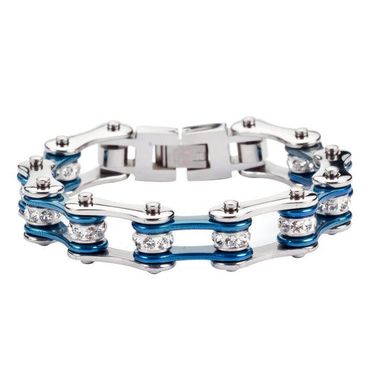 1/2" Wide Two Tone Silver Candy Blue White Crystal Centers Stainless Steel Motorcycle Bike Chain Bracelet