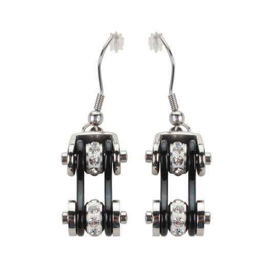 Two Tone Silver Black Crystal Centers Bike Chain Earrings Stainless Steel Motorcycle Biker Jewelry