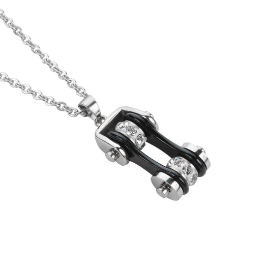 Women's Bike Chain Silver Black Crystal Bling Necklace 19" Stainless Steel Motorcycle Jewelry