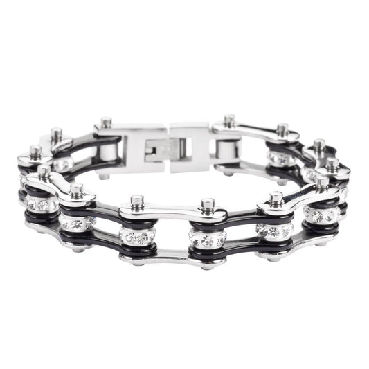 1/2" Wide Two Tone Silver Black White Crystal Centers Stainless Steel Motorcycle Bike Chain Bracelet