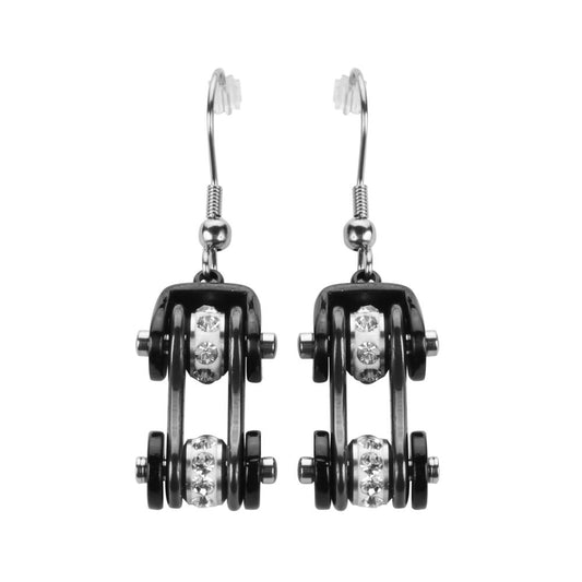 All Black Crystal Centers Bike Chain Earrings Stainless Steel Motorcycle Biker Jewelry