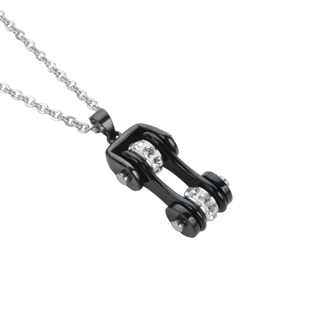 Women's Bike Chain All Black Crystal Bling Necklace 19" Stainless Steel Motorcycle Jewelry
