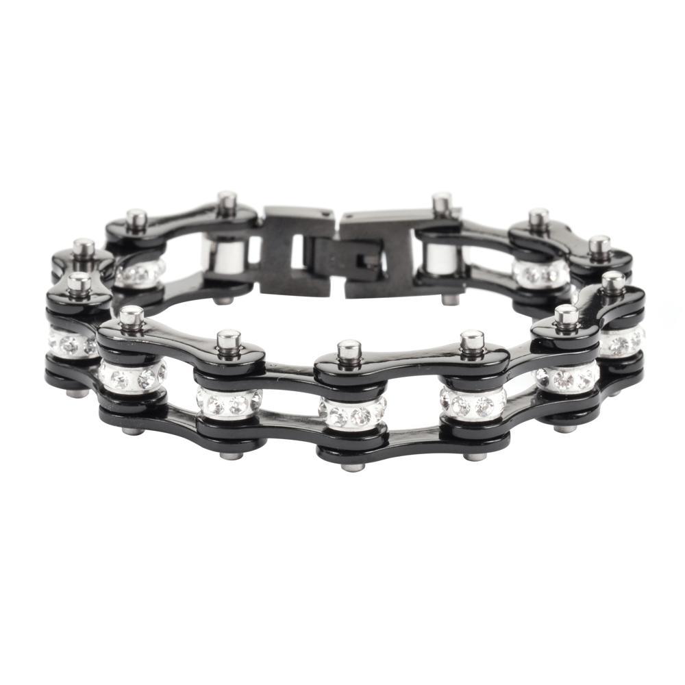1/2" Wide All Black with White Crystal Centers Stainless Steel Motorcycle Bike Chain Bracelet