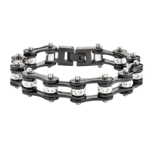 1/2" Wide All Black with White Crystal Centers Stainless Steel Motorcycle Bike Chain Bracelet