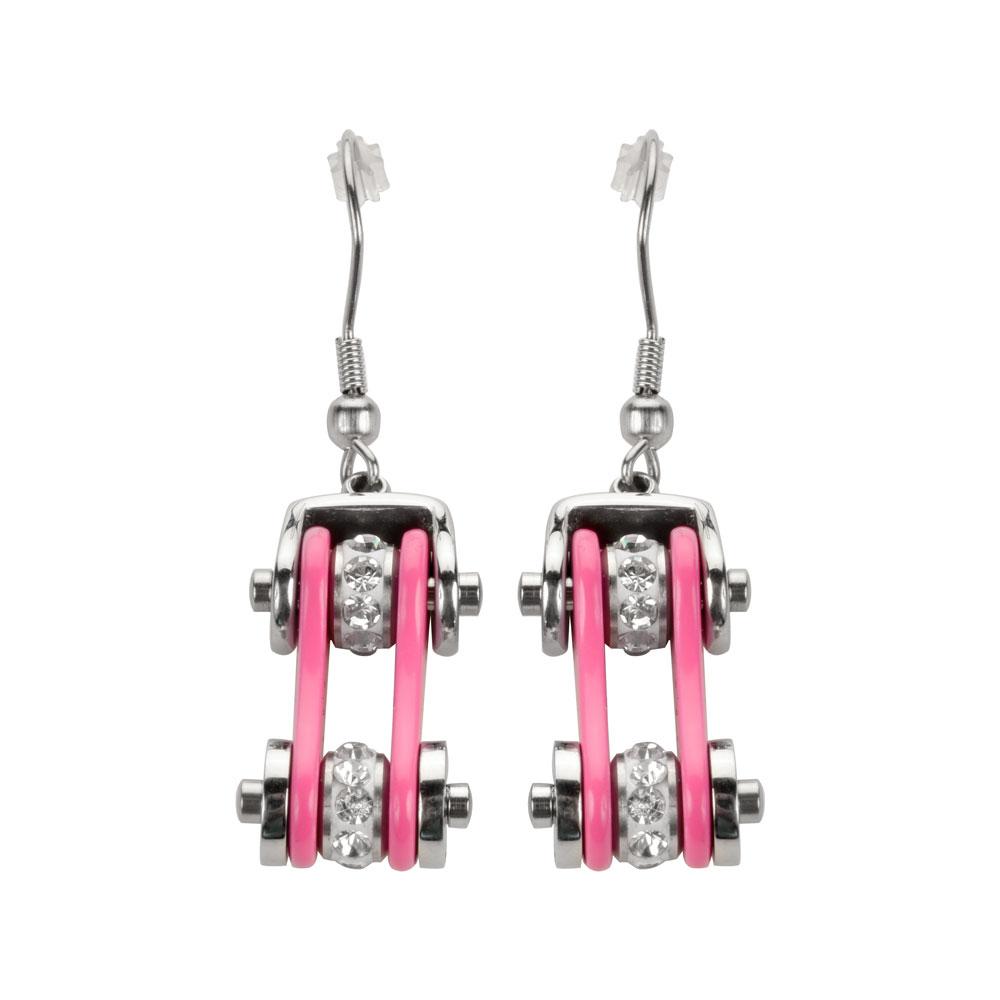 Two Tone Silver Pink Crystal Centers Bike Chain Earrings Stainless Steel Motorcycle Biker Jewelry