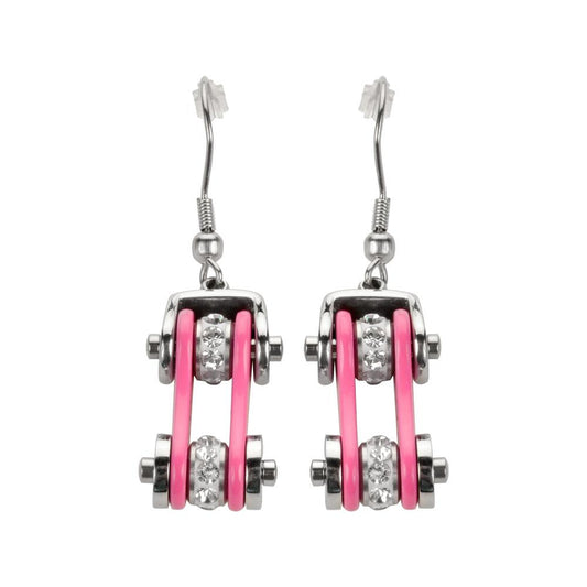 Two Tone Silver Pink Crystal Centers Bike Chain Earrings Stainless Steel Motorcycle Biker Jewelry