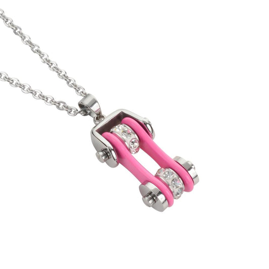 Women's Bike Chain Silver Hot Pink Crystal Bling Necklace 19" Stainless Steel Motorcycle Jewelry